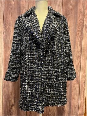 Chico’s Navy and Black Bouclé Open Front Jacket